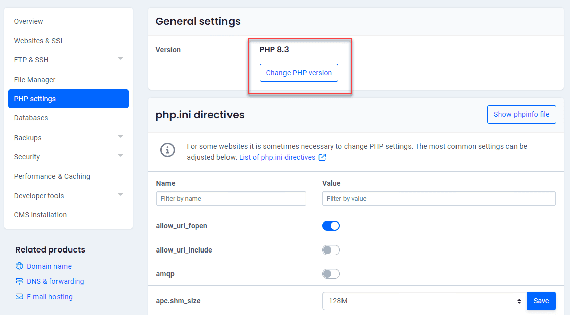 PHP settings