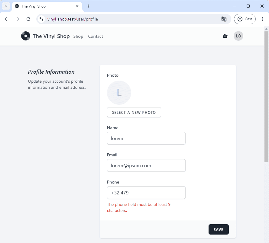 Update profile page validation error