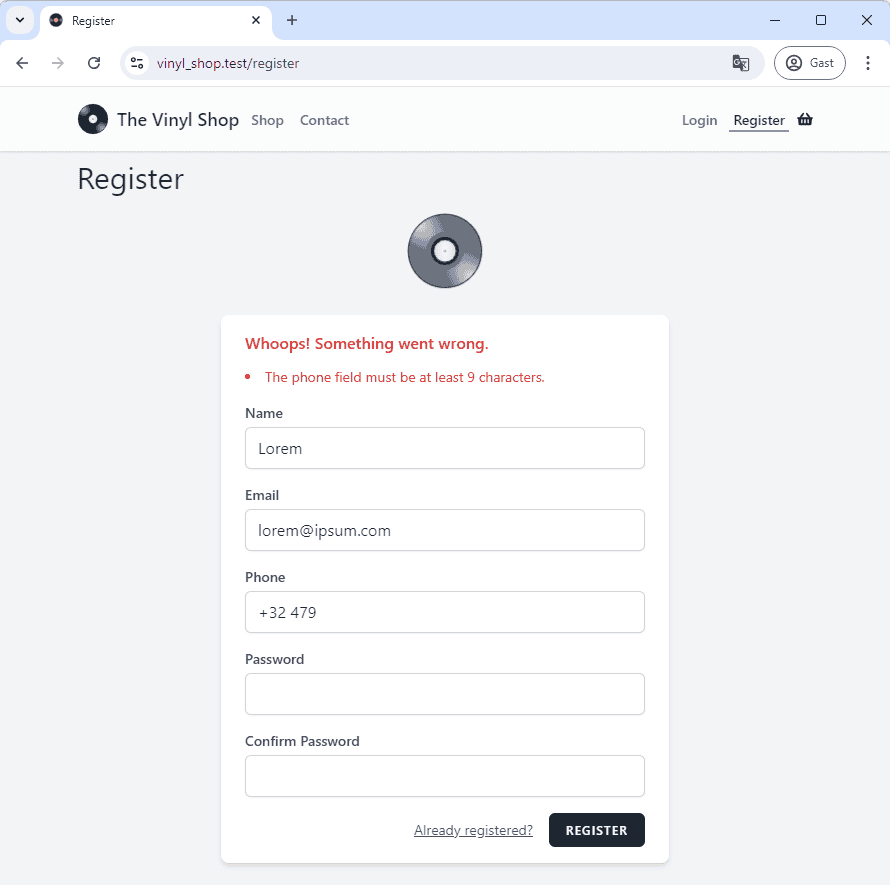 Register page validation error